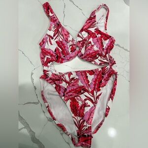 Jessica Simpson Pink and Red Leaf Print Bikini